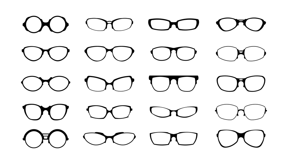 Glasses frame. Black silhouette of retro sunglasses plastic rims. Modern fashion accessory forms assortment. Optometrist logo. Isolated vision eyeglasses with optic lens. Vector hipster eyewear set. Glasses frame. Black silhouette of retro sunglasses rims. Modern fashion accessory forms assortment. Optometrist logo. Isolated vision eyeglasses with optic lens. Vector eyewear set