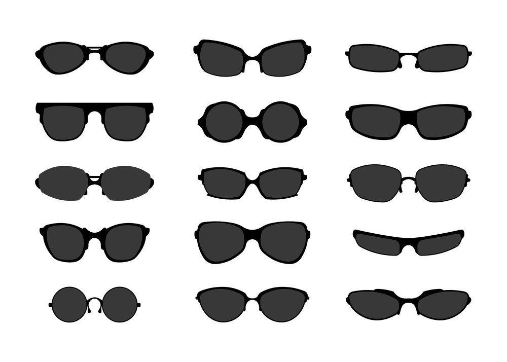 Black sunglasses. Retro fashion spectacles of different shapes. Vintage style eyewear. Geek or medicine optics logo. Sunlight protection. Isolated dark eyeglasses. Vector summer trendy accessories set. Black sunglasses. Retro fashion spectacles of different shapes. Vintage style eyewear. Geek or medicine optics logo. Sunlight protection. Dark eyeglasses. Vector summer accessories set