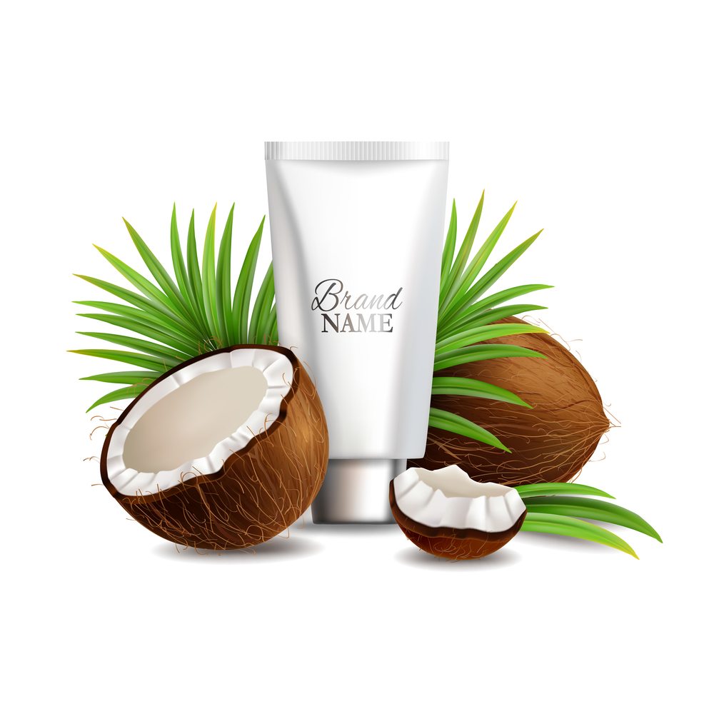 Natural coconut cosmetics, vector illustration. Realistic whole and half coco, cream tube, palm tree leaves. Coconut organic skincare cosmetics composition for poster, banner, label, sticker etc.. Natural and organic coconut cosmetics, vector illustration