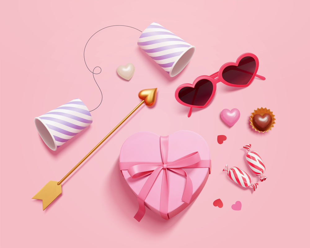 Top view of 3d Valentine&rsquo;s Day object collection, including sunglasses, heart shape gift box, paper cup telephone, golden Cupid&rsquo;s arrows and sweet candy.. 3d Valentine&rsquo;s Day objects