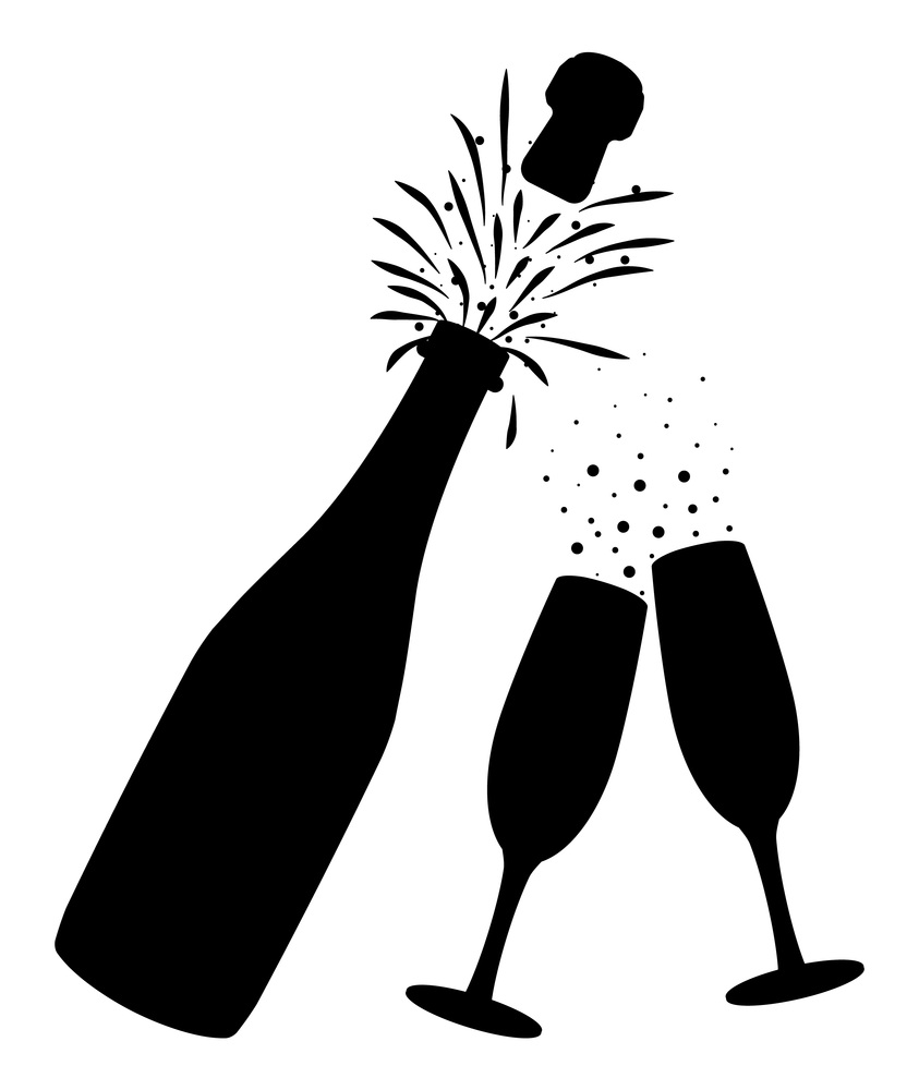 Silhouette of champagne bottle opening with pop, cork flying. Champagne explosion, bottle pop, fizz. Concept of drinking party, birthday, wedding, christmas, new year celebration. Vector illustration. Champagne bottle opening with pop and cork flying.