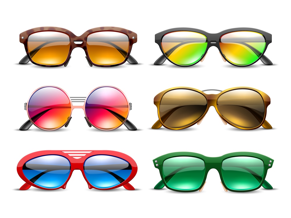 Realistic sunglasses. Tinted eyewear in colored plastic frames, bright darkened lenses, summer optics, sun eye protection, fashion accessory different form 3d objects utter vector isolated eyewear set. Realistic sunglasses. Tinted eyewear in colored plastic frames, bright darkened lenses, summer optics, sun eye protection, fashion accessory different form 3d objects utter vector eyewear set