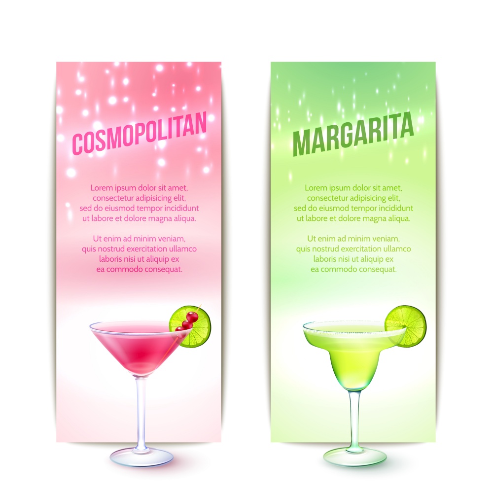 Cosmopolitan and margarita cocktails vertical banner set isolated vector illustration