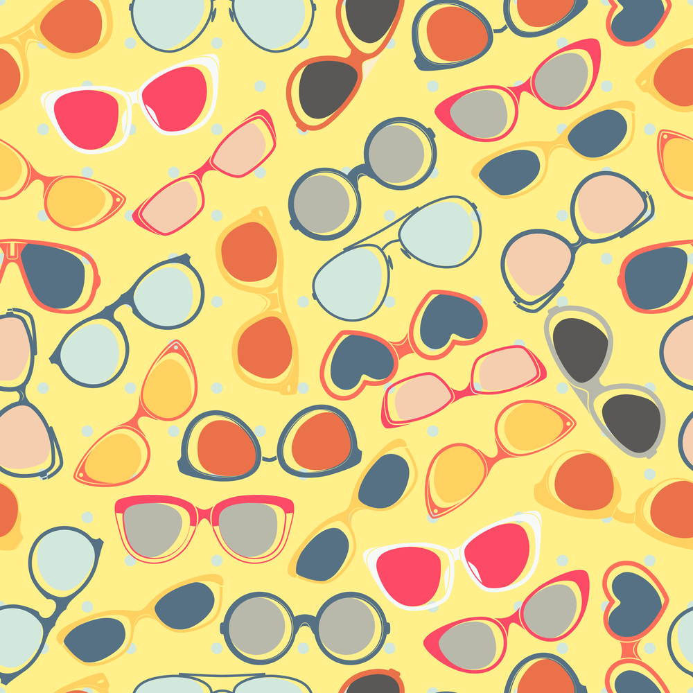 Round and square cat eye and heart shape sunglasses colorful seamless wrapping paper pattern abstract vector illustration. Sunglasses seamless pattern yellow background