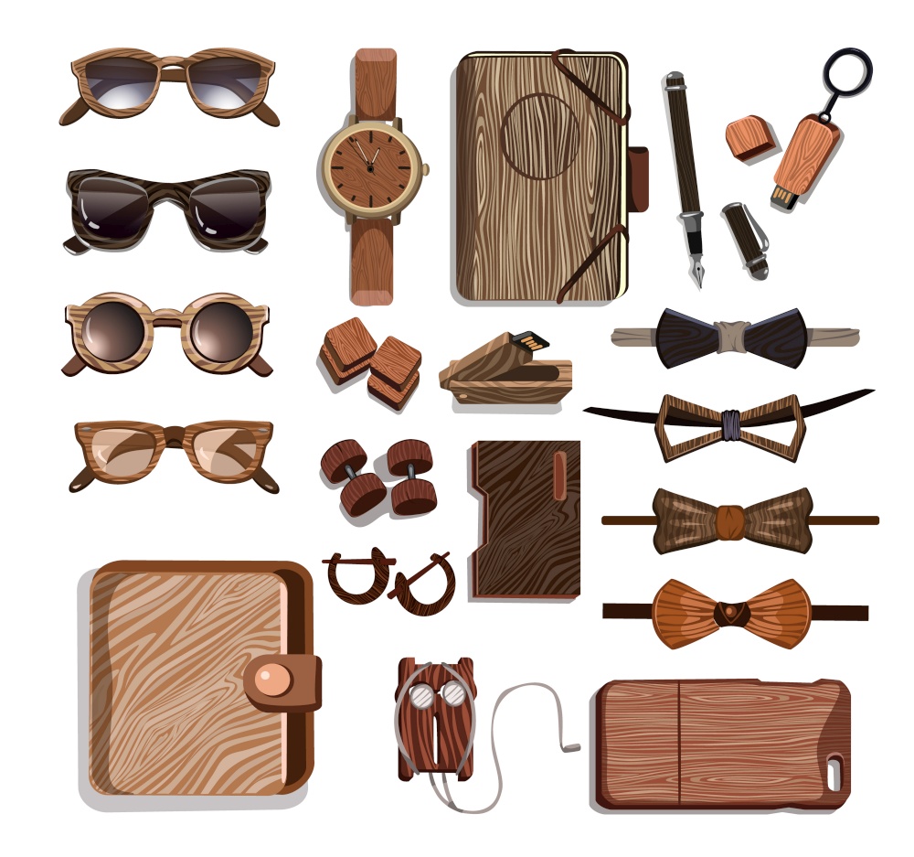 Wooden fashionable hipster accessories set with sunglasses clock usb flash cases headphones bow ties pen dumbbells isolated vector illustration. Wooden Fashionable Hipster Accessories Set