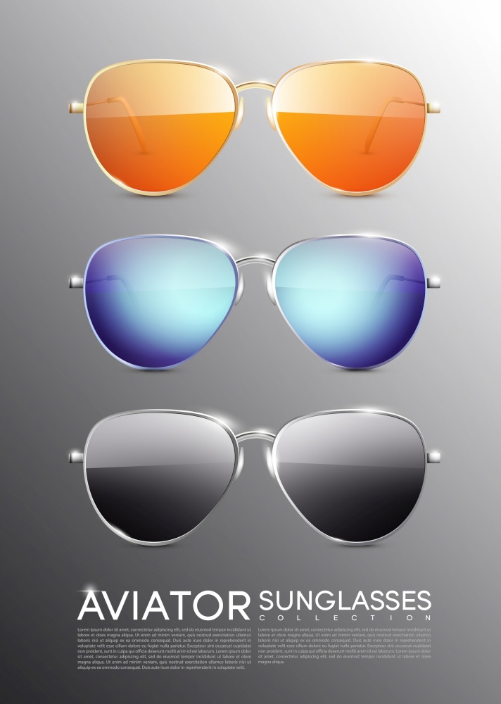 Modern aviator sunglasses set with orange blue and gray glasses colors isolated vector illustration. Modern Aviator Sunglasses Set