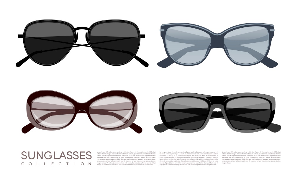 Modern fashionable stylish sunglasses set of different shapes on white background isolated vector illustration. Modern Fashionable Stylish Sunglasses Set