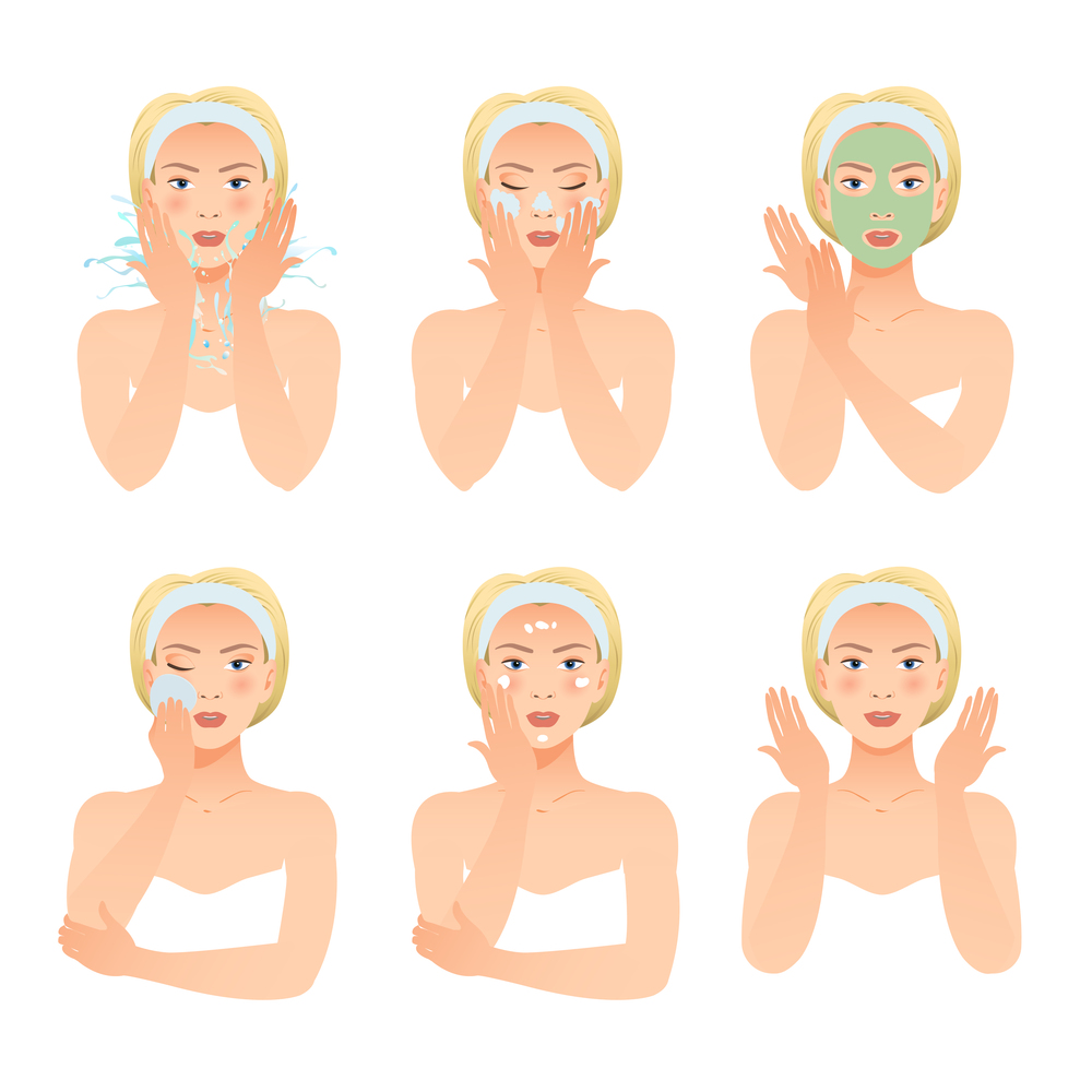 Skincare procedures collection with beautiful woman making mask washing cleaning and caring of face isolated vector illustration. Skincare Procedures Collection
