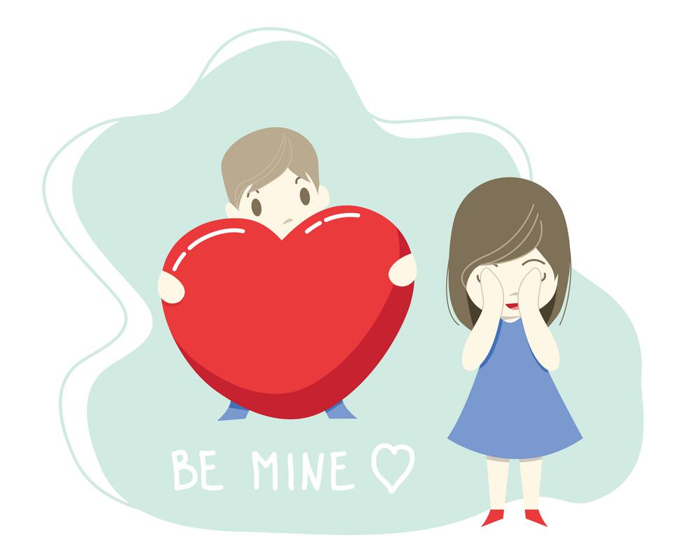 Be mine love Valentine's day concept illustration. The boy gives a big heart to his beloved.