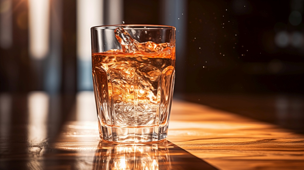 A splash of whiskey with ice in a crystal glass, illuminated by warm evening light