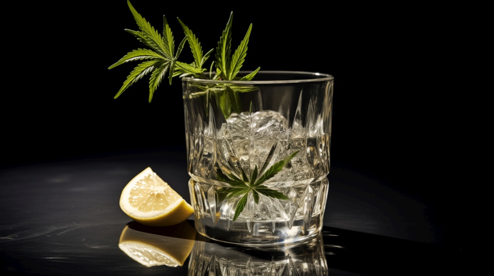 Cannabis-infused cocktail concept with a leaf garnish in a glass on a black background