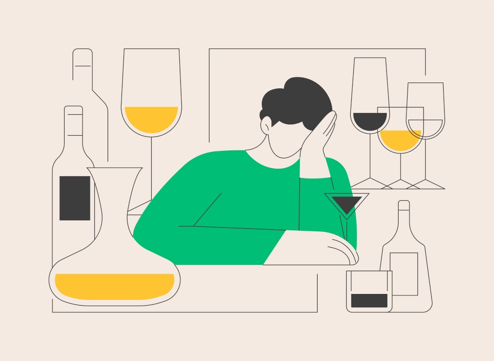 Drinking alcohol abstract concept vector illustration. Binge drinking, alcoholic beverage, alcohol abuse, addiction rehabilitation service, alcoholism therapy, health impact abstract metaphor.. Drinking alcohol abstract concept vector illustration.