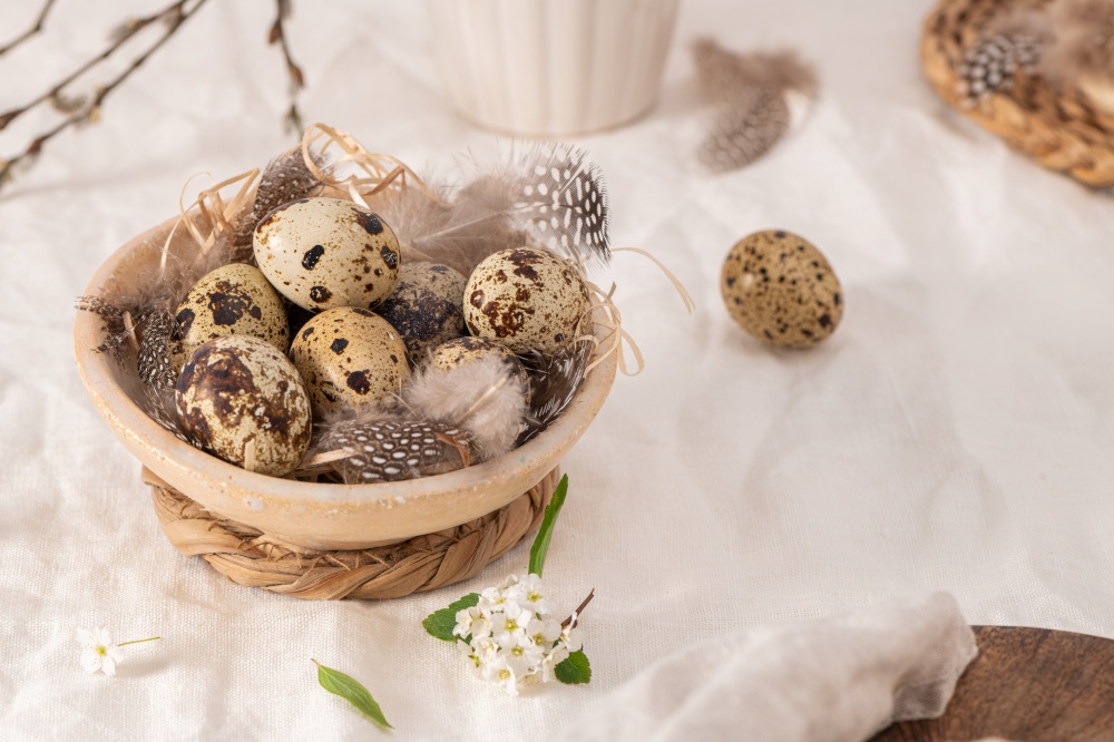 Quail eggs in a ceramic bowl decorated with feather. Organic food. Rustic style. Easter background with label and copy space