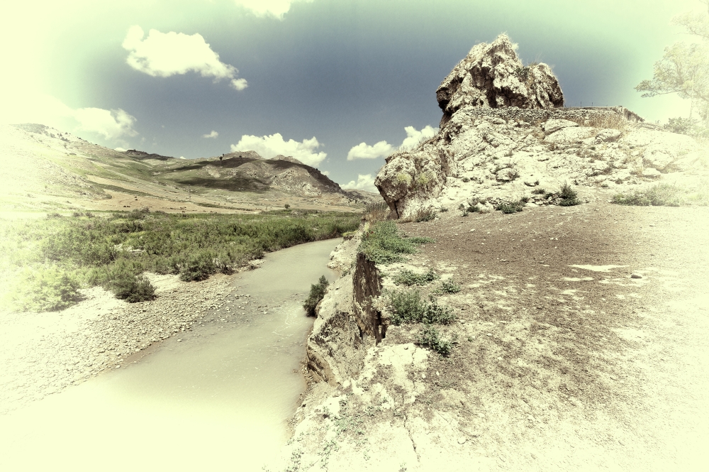 Mountain Stream between the Volcanic Hills of Sicily, Retro Image Filtered Style