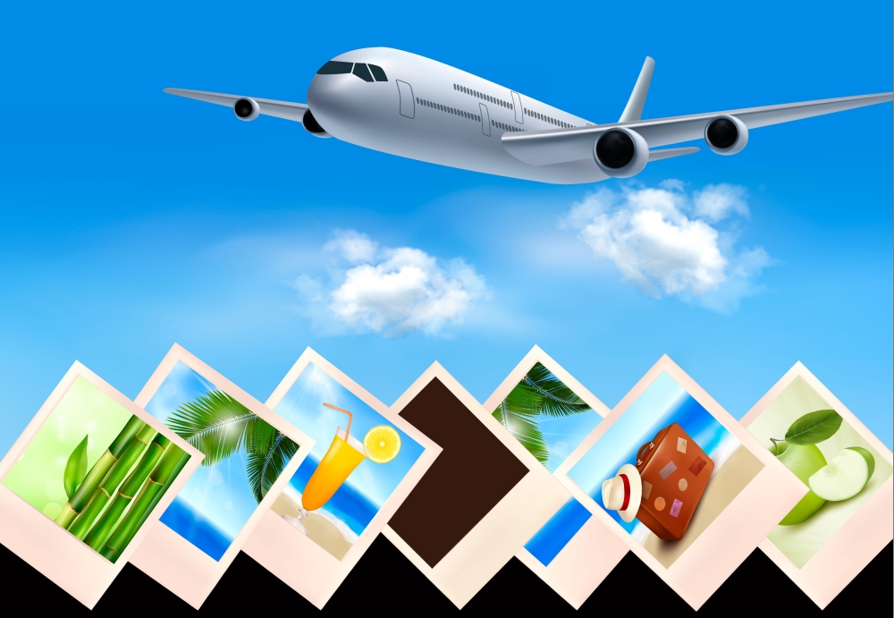 Background with airplane and with photos from holidays. Travel concept. Vector