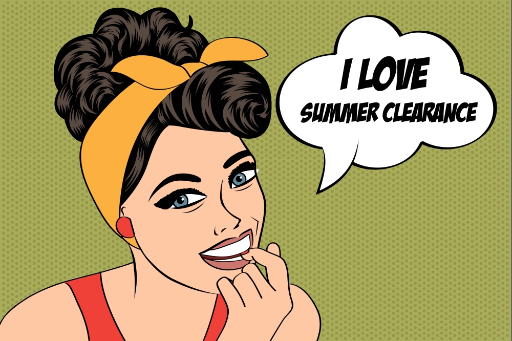 pop art cute retro woman in comics style with message "I love summer clearance", vector illustration