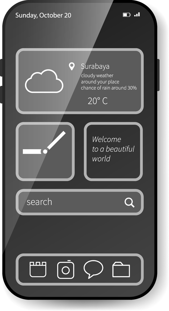 A vector illustration of a mobile interface featuring a monochrome design with minimalist widgets