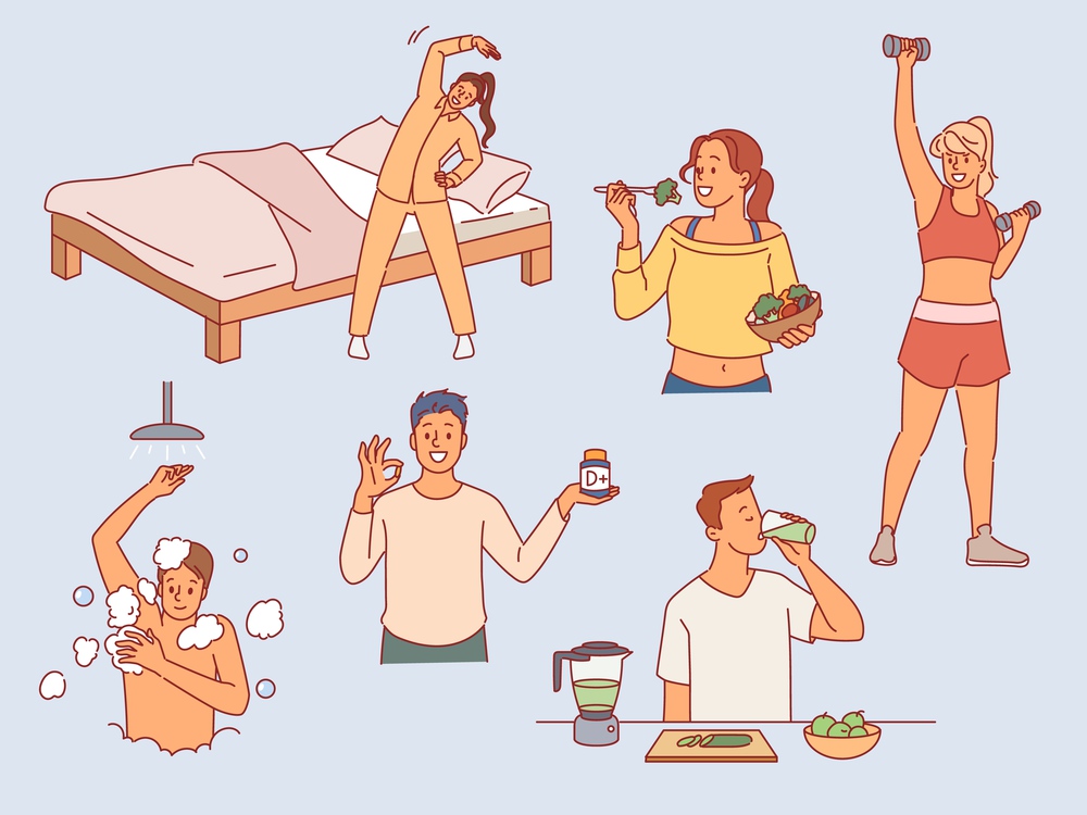 Healthy lifestyle. Active people take body care, fitness exercise, sports, taking vitamins, contrast shower, fresh food and detox drink, daily hygiene, cartoon flat isolated illustration, vector set. Healthy lifestyle. Active people take body care, fitness exercise, sports, taking vitamins, contrast shower, fresh food and detox drink, daily hygiene, cartoon flat isolated vector set