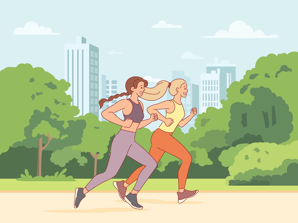 Girls running in park. Athletes train outdoors, marathon participants compete, sports workout, people jog, healthy lifestyle, women jogging together, cartoon flat isolated illustration, vector concept. Girls running in park. Athletes train outdoors, marathon participants compete, sports workout, people jog, healthy lifestyle, women jogging together, cartoon flat isolated vector concept