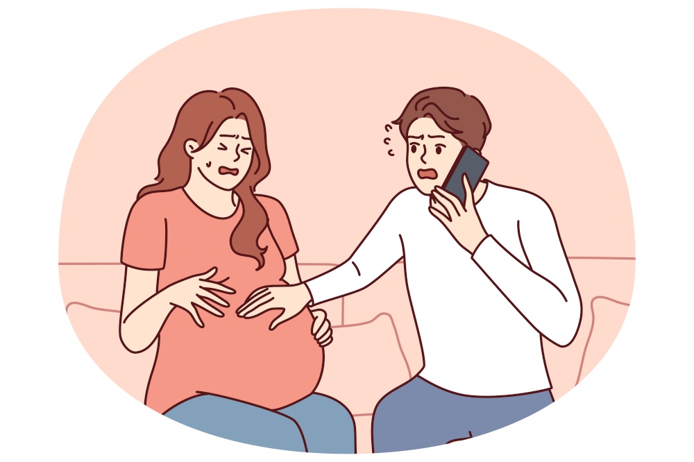 Pregnant woman next to worried husband calling doctor or 911 to report wife birth or marriage. Frightened man uses phone to tell prenatal doctor about pregnant bride stomach pains.. Pregnant woman next to worried husband calling doctor or 911 to report wife birth or marriage