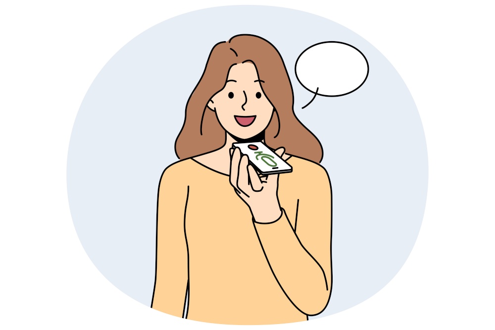 Smiling woman record voice message on cellphone. Happy female talk with digital audio assistant on smartphone. Technology and recording. Vector illustration.. Smiling woman record voice message on phone