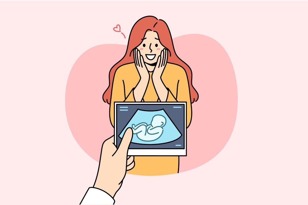 Pregnant woman rejoices after seeing intrauterine ultrasound image of son, and experiences joy of motherhood. Prenatal happiness of pregnant lady who finds out gender of baby for first time. Pregnant woman rejoices after seeing intrauterine ultrasound image, experiences joy of motherhood